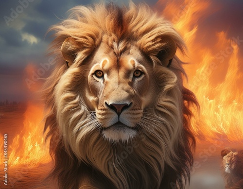 Lion with fire background showing angry lion. AI generated © Wonderful AI