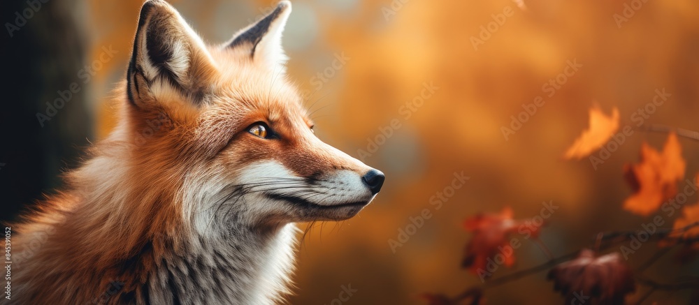Fototapeta premium Red fox portrait in autumn. Creative banner. Copyspace image