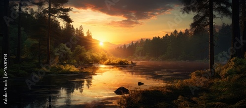 Forest reflection in river during sunset. Creative banner. Copyspace image