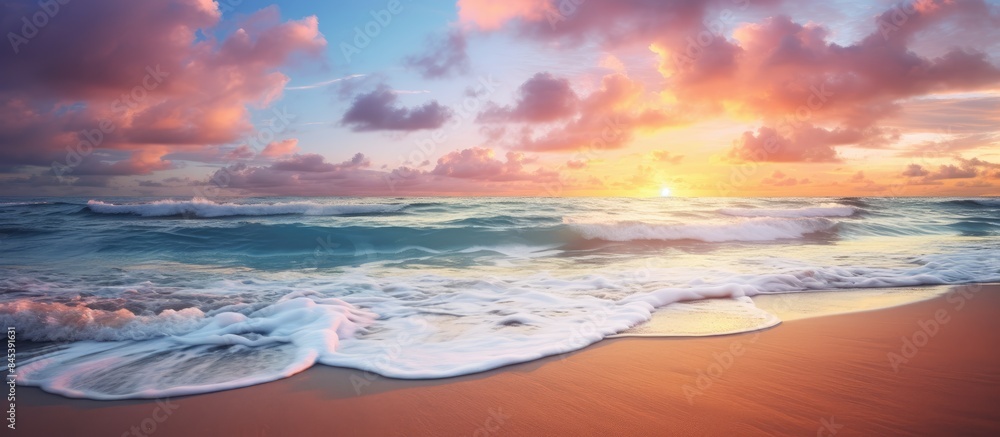 Fototapeta premium Seascape background with clouds and waves on sunrise. Creative banner. Copyspace image