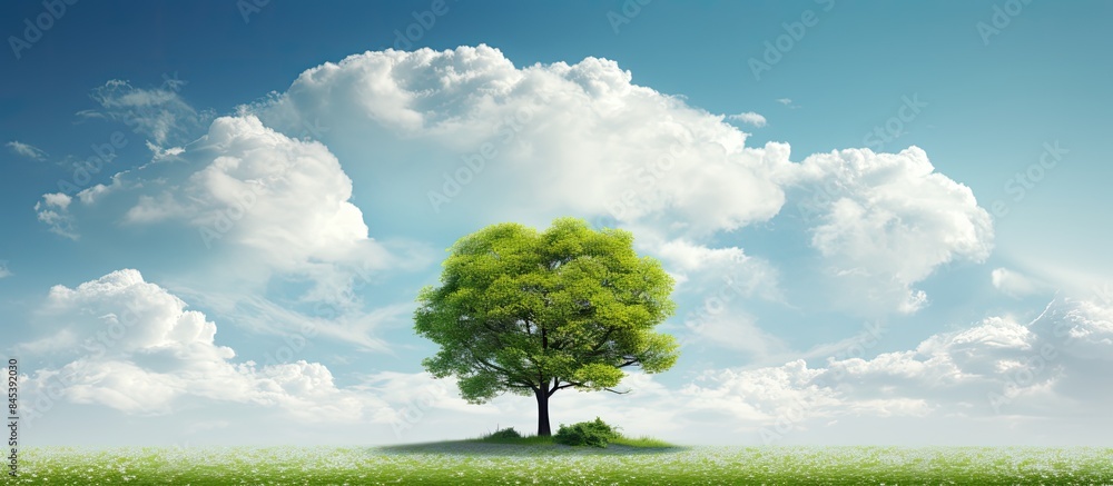 Green tree against a blue sky with white clouds. Creative banner. Copyspace image Green tree against a blue sky with white clouds. Creative banner. Copyspace image