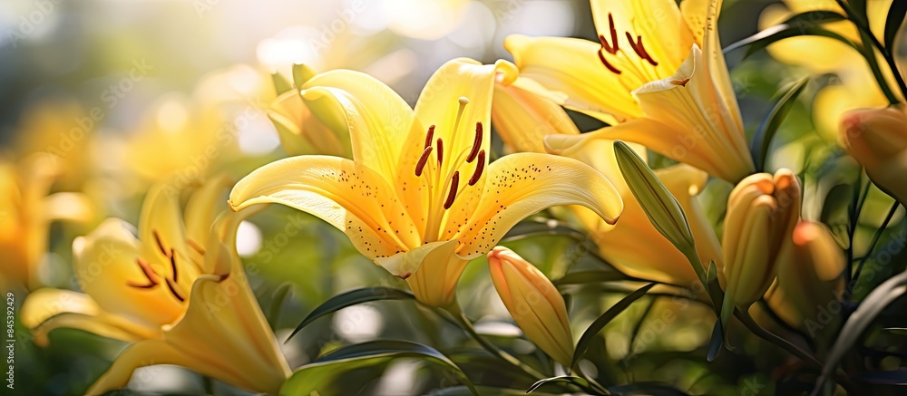 Obraz premium nature summer garden flowers lilies yellow. Creative banner. Copyspace image
