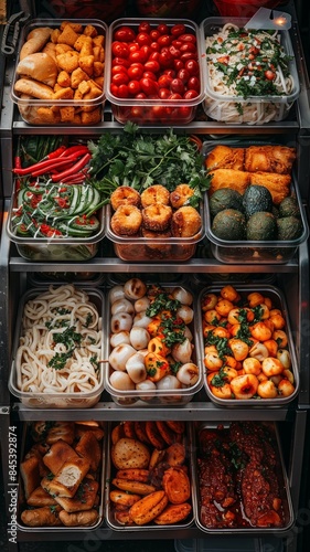 The photo shows a variety of fresh and organic vegetables and fruits in plastic containers on shelves in a grocery store.
