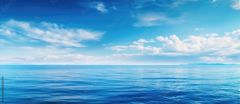 Obraz premium Blue seascape shiny blue sea horizon blue sky. Creative banner. Copyspace image