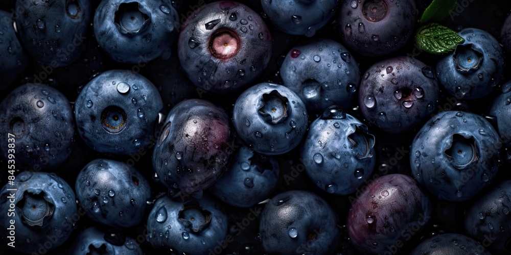 Close-up of fresh blueberries with water droplets, perfect for food and health-related designs Close-up of fresh blueberries with water droplets, perfect for food and health-related designs