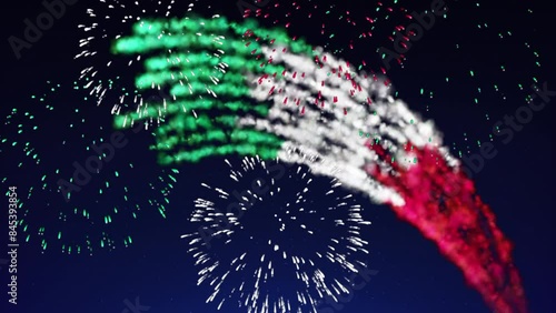 Animated holiday italy banner template. Fireworks italian flag on dark sky background. Fireworks italy flag. Template with place for text, copy space. Italian national holiday. Animated greeting card