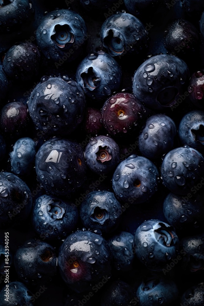 Close-up of fresh blueberries with water droplets, perfect for food and health-related designs