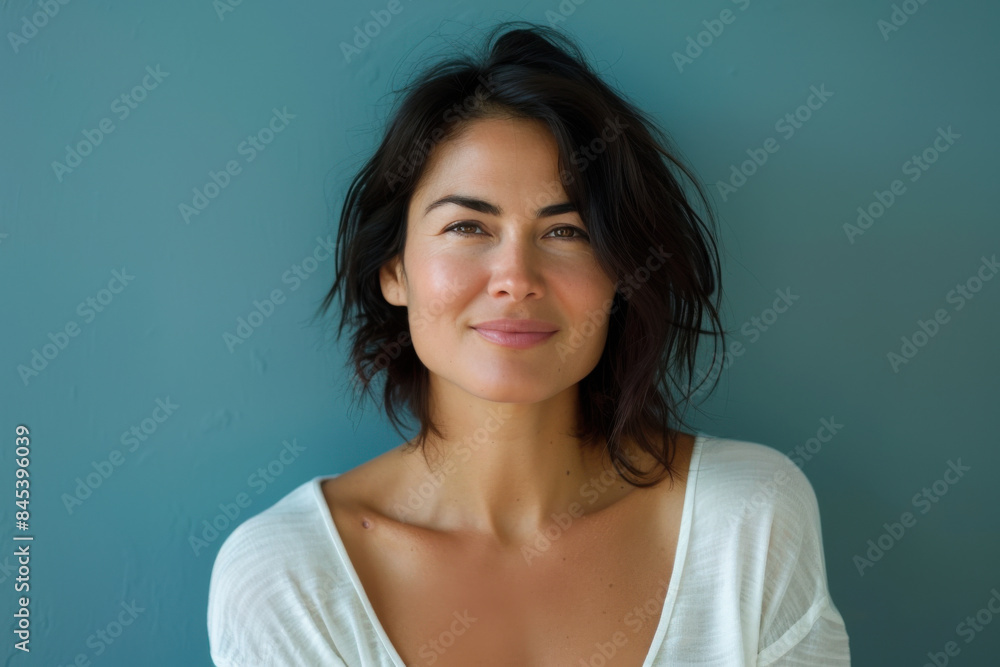 A close up portrait of a woman with a subtle smile A close up portrait of a woman with a subtle smile