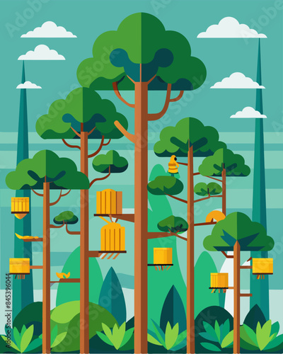 The tall trees of the rainforest now had solar panels attached to their trunks providing energy to the nearby human settlements while still preserving the habitat of the colorful. Vector illustration