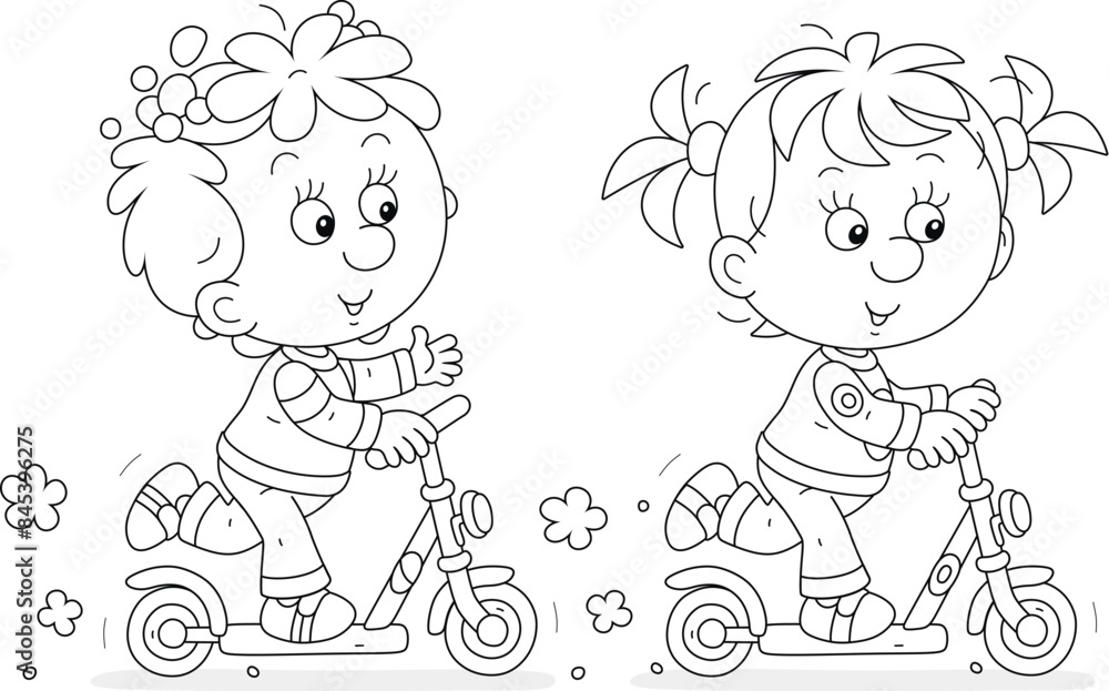 Happy little girls merrily riding their toy scooters on a playground in a park on a summer vacation, black and white vector illustration for a coloring book Happy little girls merrily riding their toy scooters on a playground in a park on a summer vacation, black and white vector illustration for a coloring book