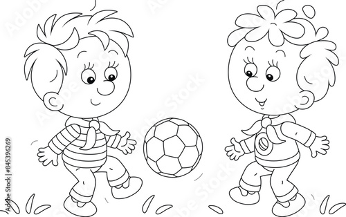 Funny little boys merrily playing football on a playground in a park on a summer vacation, black and white vector cartoon illustration for a coloring book