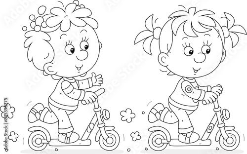 Happy little girls merrily riding their toy scooters on a playground in a park on a summer vacation, black and white vector illustration for a coloring book