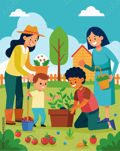 Parents and children planting a vegetable garden in their backyard choosing to grow their own produce instead of buying from the store.. Vector illustration