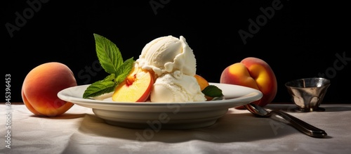 White peache with vanilla ice cream. Creative banner. Copyspace image photo