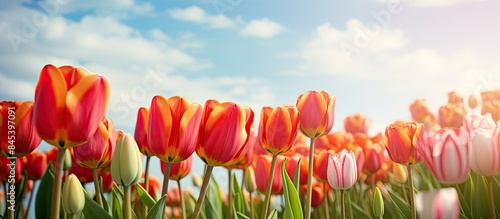 Spring field of colorful tulips close up. Creative banner. Copyspace image