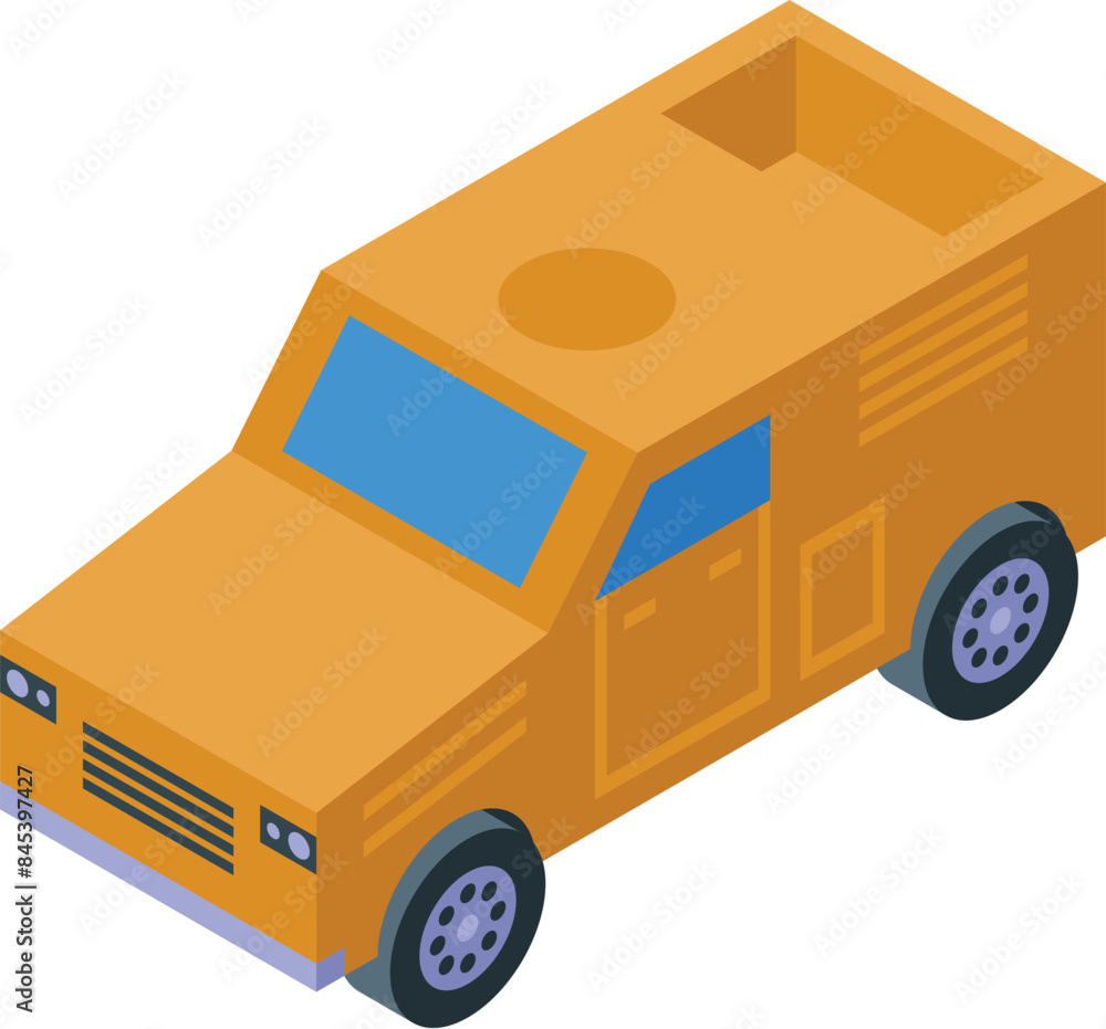 Yellow armored truck transporting money and valuables isometric view