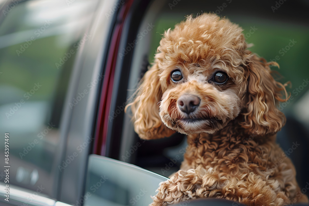 Poodle's Joyride: Portrait of a Poodle Dog Leaning Out of a Car Window Poodle's Joyride: Portrait of a Poodle Dog Leaning Out of a Car Window