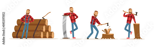 Man Lumberjack in Checkered Shirt Working Cutting and Chopping Wood Vector Set