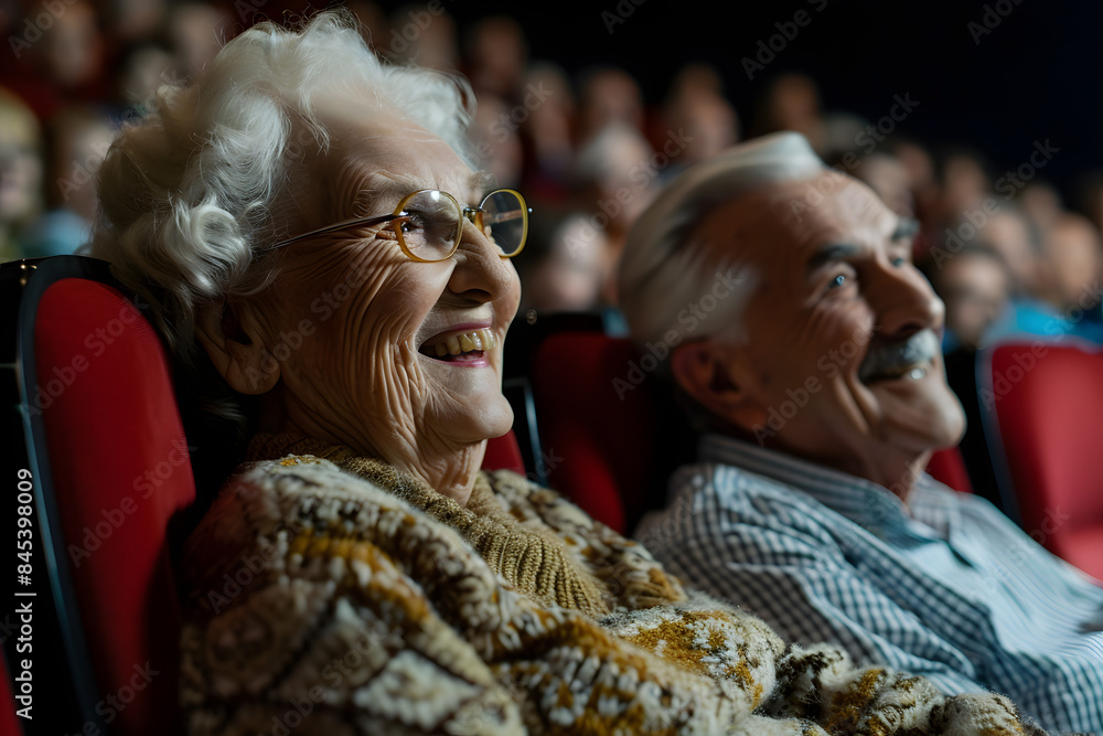 Smiling senior couple watching a movie in the cinema Smiling senior couple watching a movie in the cinema