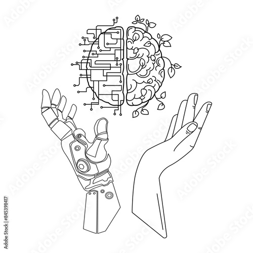Robotic hand and hand of a man holding Artificial Intelligence Brain and human brain line art drawing for logo,emblem,print,poster.Vector illustration. Modern technology and Artificial Intelligence