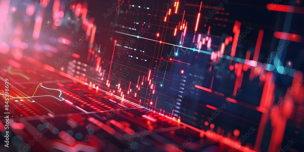 Obraz premium Futuristic blockchain HUD background with growing polygon blocks and stock chart. Concept Blockchain Technology, Futuristic HUD, Polygon Blocks, Stock Market Chart, Growth Trend