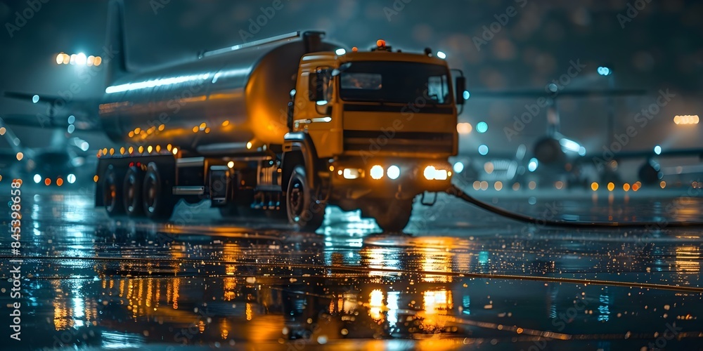 Refueling aircraft at night using tanker truck connected to fuel hoses. Concept Aircraft Refueling, Night Operations, Tanker Truck, Fuel Hoses, Aviation Maintenance Refueling aircraft at night using tanker truck connected to fuel hoses. Concept Aircraft Refueling, Night Operations, Tanker Truck, Fuel Hoses, Aviation Maintenance