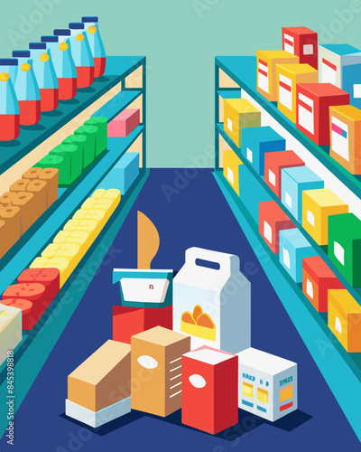 The baking aisle normally full of flour sugar and other staples now only holding a few stray boxes of cake mix and baking soda.. Vector illustration
