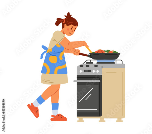 Girl in apron frying vegetables in a frying pan on a gas stove flat vector illustration isolated on white. Kid cooking a dinner.