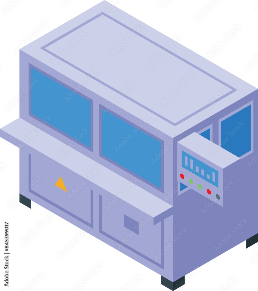 Modern industrial equipment operating with control panel, digital screens and warning sign Modern industrial equipment operating with control panel, digital screens and warning sign