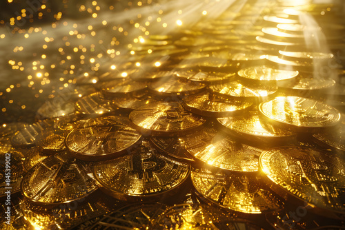 Golden Future: Bitcoin Cryptocurrency Represented as Gold Coins Wallpaper © Evan