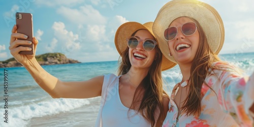 Friends on vacation at the beach, two carefree women capture memories with a sunny selfie © Iryna