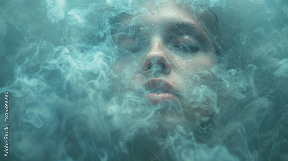 Ethereal image of a woman's face enveloped in swirling smoke and mist, with a mystical blue tone Ethereal image of a woman's face enveloped in swirling smoke and mist, with a mystical blue tone