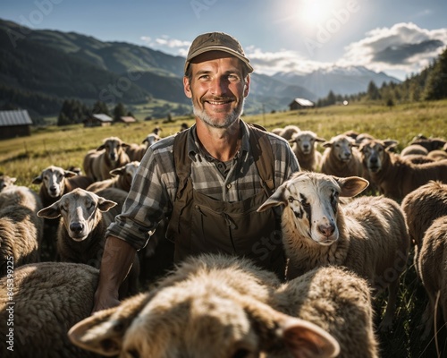 Smiling Shepherd With Flock of Sheep in Scenic Mountain Valley at Sunset