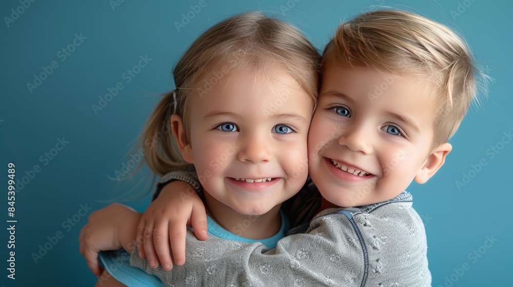 Two young children are hugging each other, both smiling Two young children are hugging each other, both smiling