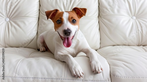 Cute happy dog sitting on white leather sofa and showing tongue, close up portrait of home pet in living room at house.
