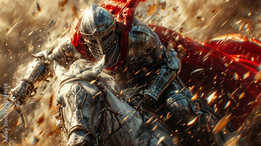Epic Medieval Knight in Armor Charging on Horseback Amidst Battle Debris Epic Medieval Knight in Armor Charging on Horseback Amidst Battle Debris