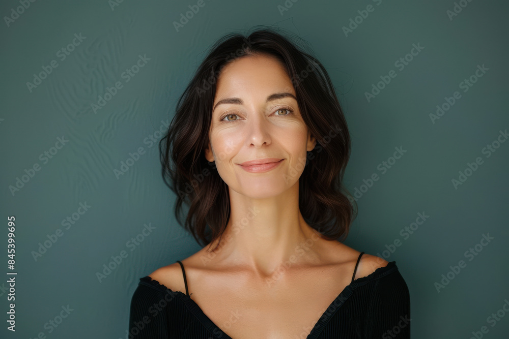 A close up portrait of a woman with a subtle smile A close up portrait of a woman with a subtle smile