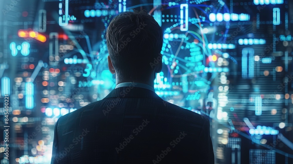 close up detail of a business man standing in front of a digital hologram of trading chart close up detail of a business man standing in front of a digital hologram of trading chart