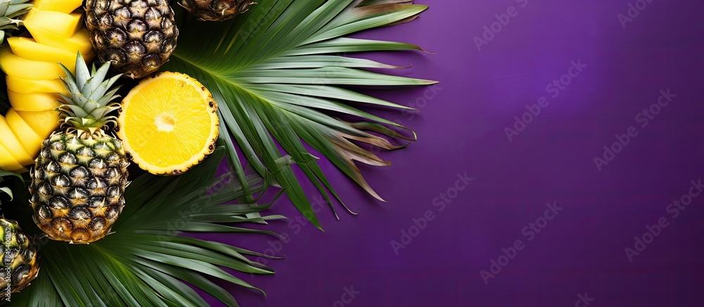 Golden exotic fruits tropical palm monstera leaves on trendy violet color background Top view Flat lay Food concept Creative layout of gold pineapple banana lemon with copy space