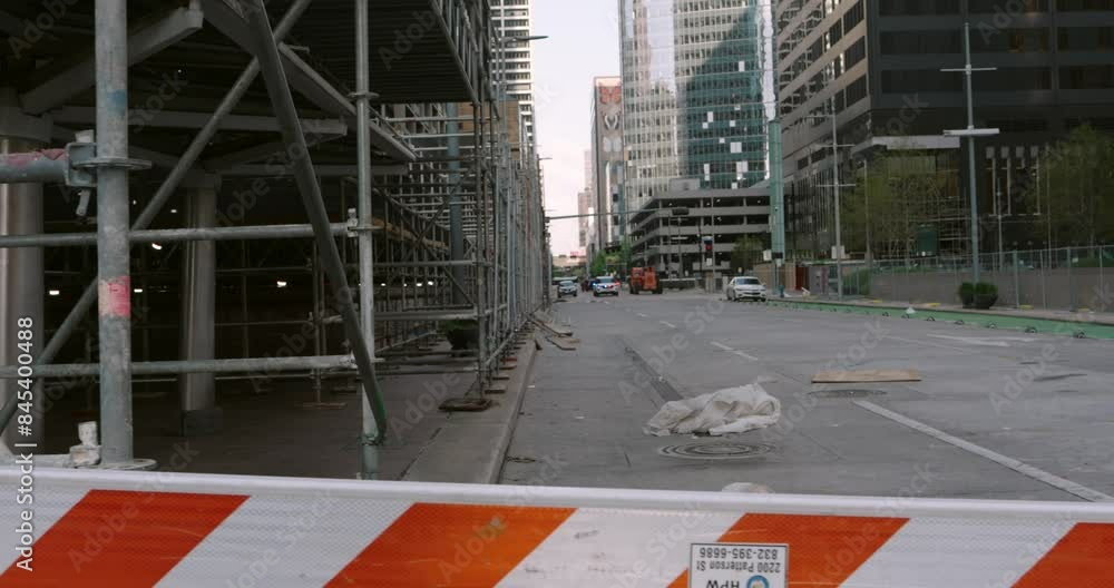 Houston downtown city street closure do to damage of buildings after bad weather