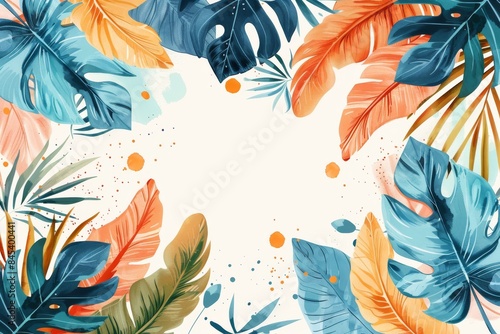 artistic border of colorful tropical leaves with watercolor accents. Perfect for creative projects, invitations, and nature-inspired designs. © Valerii Dekhtiarenko