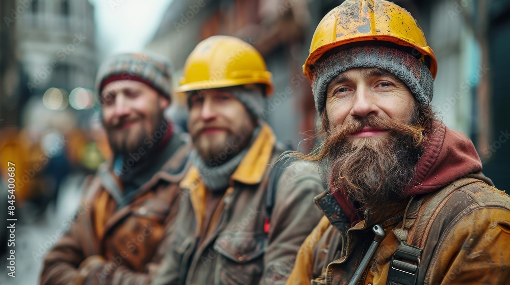 Three construction workers with hard hats smiling at camera showcasing teamwork and safety at a worksite Three construction workers with hard hats smiling at camera showcasing teamwork and safety at a worksite