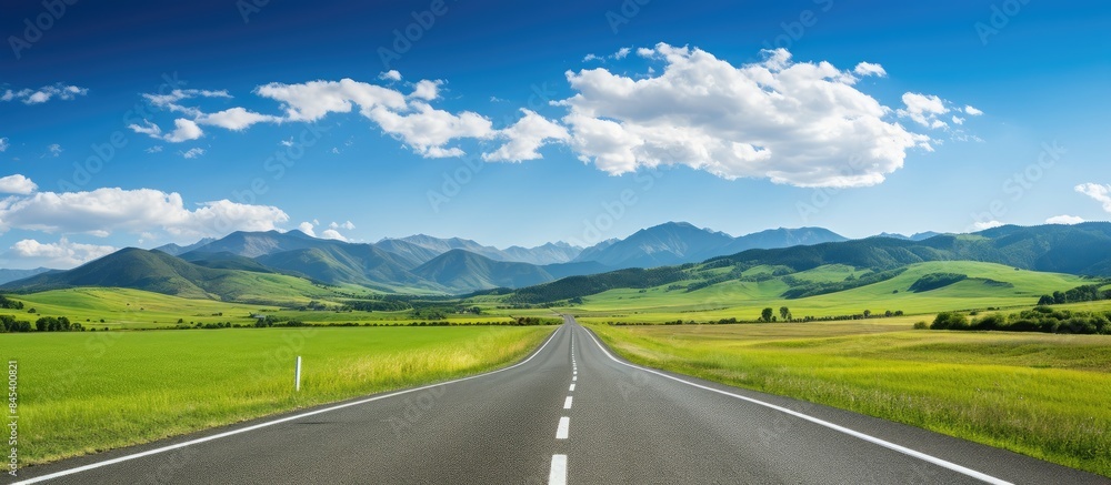 Empty asphalt road and green grassland and mountain under blue sky. Creative banner. Copyspace image Empty asphalt road and green grassland and mountain under blue sky. Creative banner. Copyspace image