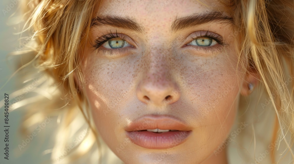 Close-up of a young woman with captivating blue eyes and freckles, highlighting her natural beauty and the power of a gaze Close-up of a young woman with captivating blue eyes and freckles, highlighting her natural beauty and the power of a gaze