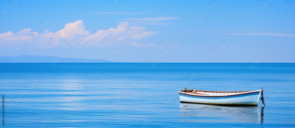 Small white boat in open sea Blue and white color. Creative banner. Copyspace image Small white boat in open sea Blue and white color. Creative banner. Copyspace image
