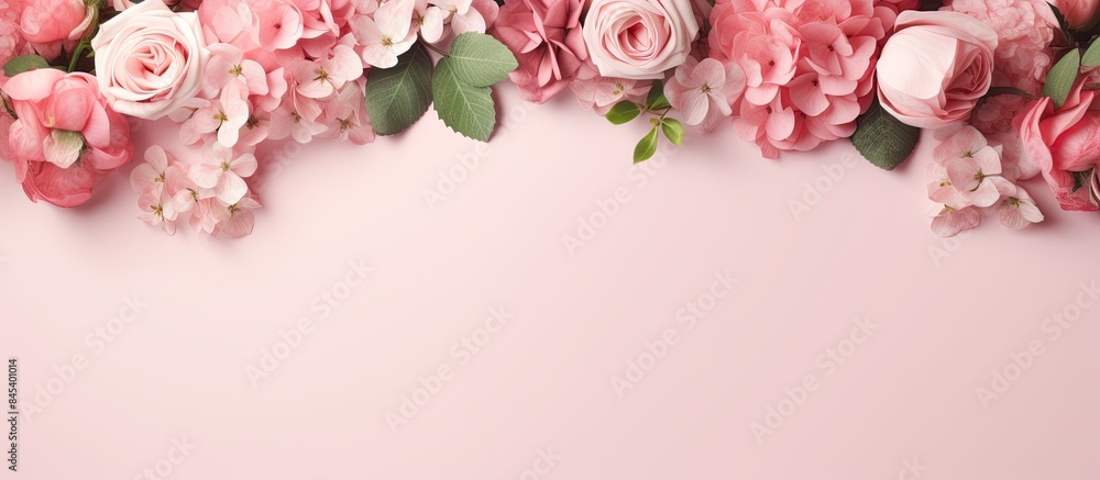Banner with frame made of rose flowers and green leaves on a pink background Springtime composition with copyspace Banner with frame made of rose flowers and green leaves on a pink background Springtime composition with copyspace