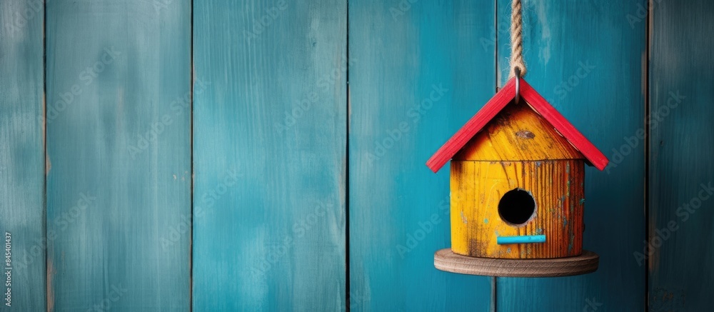 Colorful wooden birdhouse hanging on a rope. Creative banner. Copyspace image Colorful wooden birdhouse hanging on a rope. Creative banner. Copyspace image