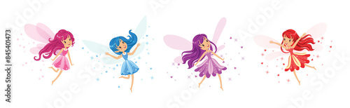 Cute Girl Fairy with Wing and Colorful Dress Vector Set