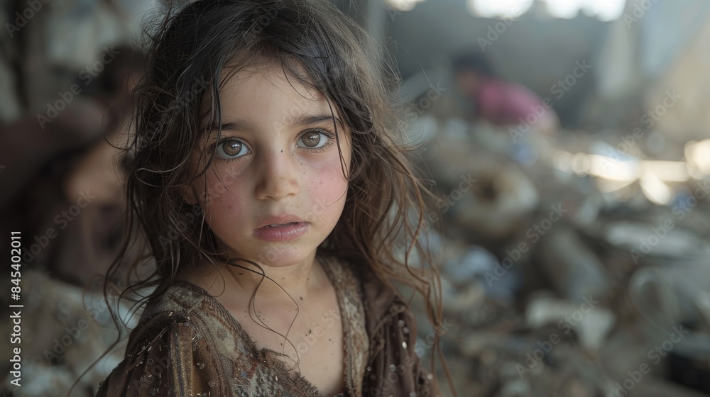 Fototapeta premium A solemn child's arresting gaze demands our empathy, her expression framed by the harsh reality of her environment