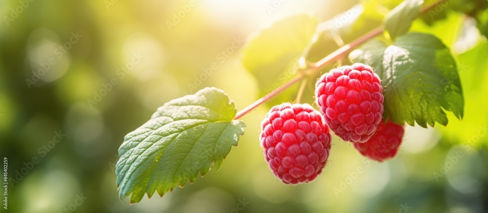 Close up of a ripe raspberry on a bush in the garden on a sunny day. Creative banner. Copyspace image Close up of a ripe raspberry on a bush in the garden on a sunny day. Creative banner. Copyspace image